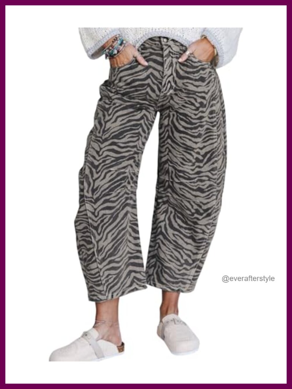 High Waisted Barrel Jeans Wide Leg Zebra Print Cropped Denim Pants